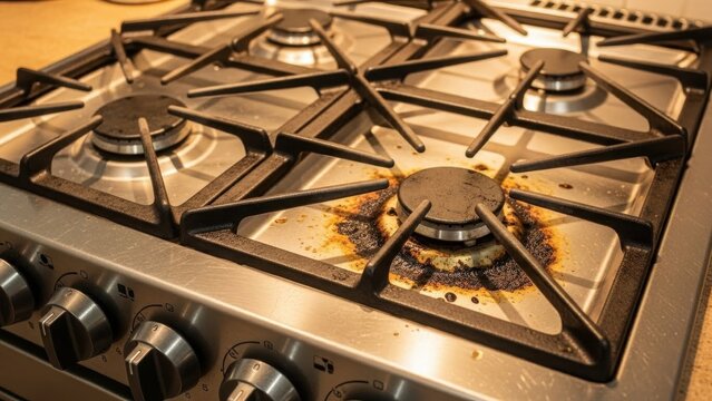 A close-up view of a dirty gas stove with burnt food residue on the burners