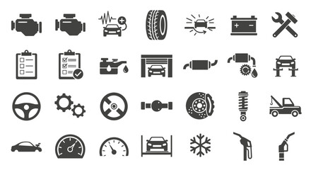 This vector illustration showcases a comprehensive collection of car service and repair icons, perfect for automotive businesses and educational materials, presented in a clean, minimalist style.