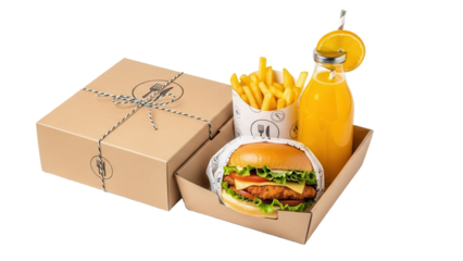 Modern takeaway meal box with chicken burger fries and fruit juice for delivery isolated on white background