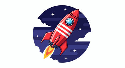 A vibrant red cartoon rocket with a powerful engine launches skyward into a dark starry night, symbolizing innovation and rapid progress.