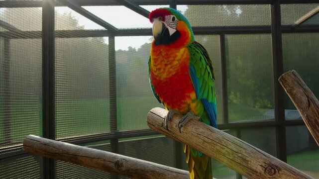 Colorful parrot perched on wooden branch inside aviary enclosure
