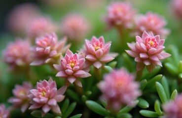 Macro photo of small pink blooming flowers, sedum spurium. Green succulent leaves form natural groundcover. Delicate petals unfurl, showing yellow center, soft natural background.