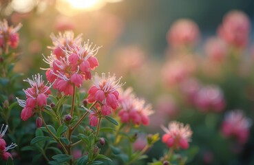 Obraz premium Macro shot of pink boronia flowers with soft golden sunlight. Delicate petals and white stamens shine against blurred green foliage and bokeh background. Gentle natural beauty unfolds.