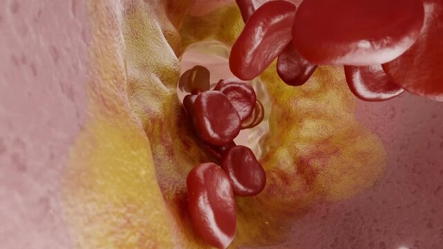 Blood clots and cholesterol deposits on the inner walls of blood vessels, obstructing blood flow, leading to the accumulation of atherosclerotic plaques, stroke, hyperlipidemia, vascular disease, 3D.