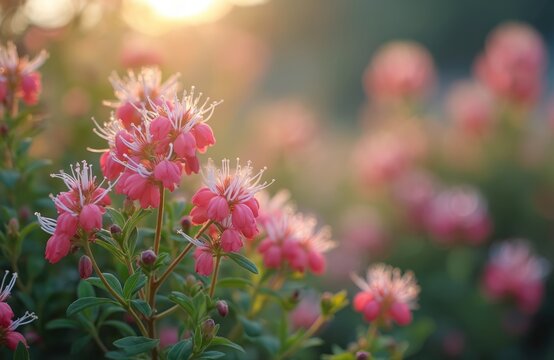 Macro shot of pink boronia flowers with soft golden sunlight. Delicate petals and white stamens shine against blurred green foliage and bokeh background. Gentle natural beauty unfolds.