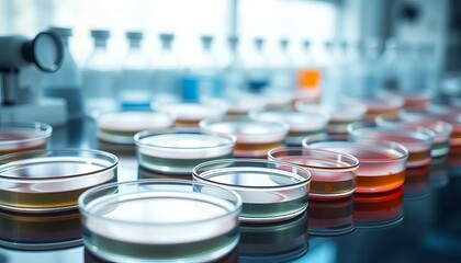 Close-up of sterile petri dishes on a lab bench,  research background,  technology