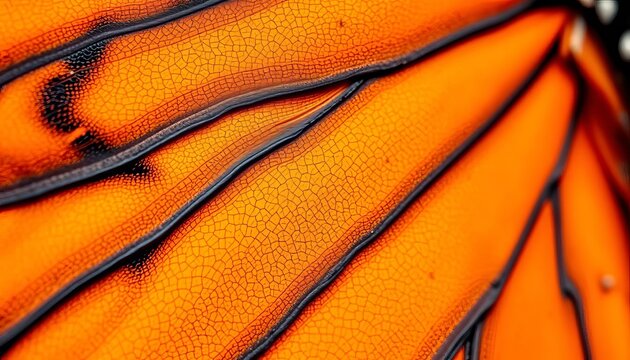 Closeup of vibrant monarch butterfly wings, intricate details visible,  insect photography,  flower