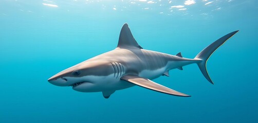 Majestic thresher shark glides through clear tropical Indo-Pacific waters, showcasing its long tail and powerful form,  magnificent,  fox shark