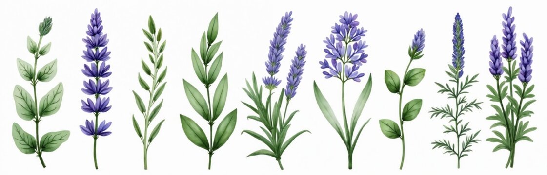 Watercolor painting shows different types of purple flowering plants with green leaves. Botanical illustration isolated on white background for graphic design projects.