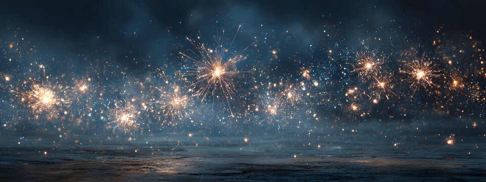 Silvester, New Year's Eve, Festival Party New Year 2026, new years eve Fireworks background banner panorama - firework and sparklers on rustic dark blue night sky texture