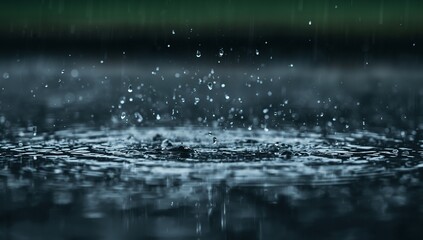 Dramatic macro shot of rain splashing into a dark puddle with water droplets frozen in motion