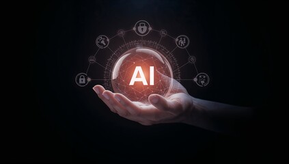 Hand holding a glowing orb representing artificial intelligence technology with network security icons