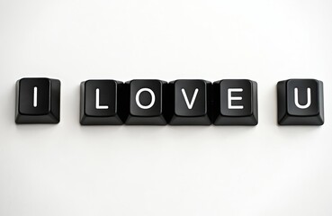 Black keyboard keys spell I LOVE U phrase. Isolated on white background these computer keys show affection. Message conveyed digitally through tech symbols.