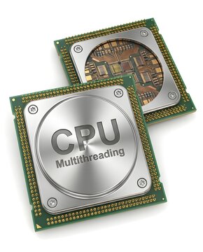 3D Illustration of CPUs with Multithreading Label and Exposed Circuitry for Computing Technology