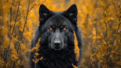 Intense Portrait of a Black Wolf with Glowing Orange Eyes, Majestic Predator Hidden in Golden Autumn Foliage, Wildlife Photography