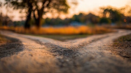 divergence. A symbolic crossroads splitting into two paths, bathed in soft golden hour light with a minimalist aesthetic. wellbeing guides.