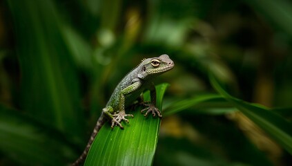 Detailed Macro View of a Green Lizard on a Leaf, Exotic Reptile in Natural Habitat with Blurred Jungle Background