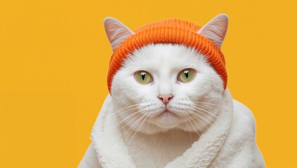 Portrait of a Cute White Cat Wearing an Orange Knitted Hat and Warm White Sweater Against a Solid Yellow Background