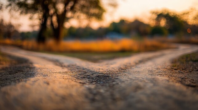 divergence. A symbolic crossroads splitting into two paths, bathed in soft golden hour light with a minimalist aesthetic. wellbeing guides.