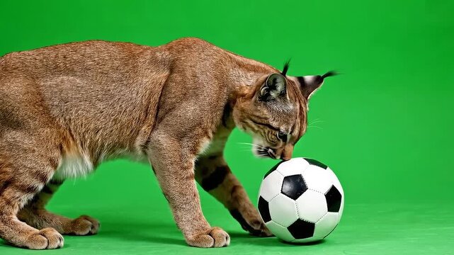 Caracal Licking Black and White Soccer Ball on Green Screen Background Isolated and Cute Mammal Predator Concept Playful Indoor