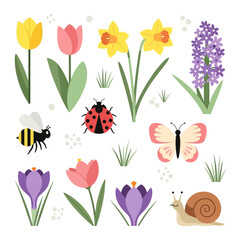 A colorful spring arrangement featuring flowers insects and a tiny snail © Photo Sell