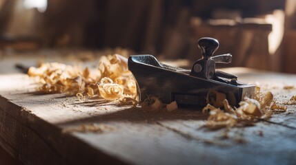 jointer. Woodworking jointer plane on rustic bench surrounded by fresh wood shavings. tutorial guides, club newsletters, designed for sports & leisure club marketing, used by recruiters.