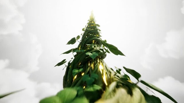 Dynamic animated shot tracking rapidly up a gigantic fantasy beanstalk as it spirals high into the sterile white environment suggesting infinite potential backdrop, rapidly, motion