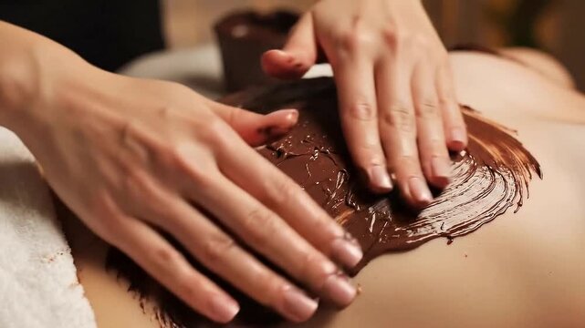 Chocolate Body Wrap Treatment for Back Skin Nourishment and Beauty with Candlelight in Wellness Spa Center. Lush Relaxation and