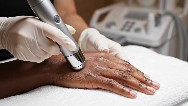 Close-Up: Dermatologist Performing Laser Skin Treatment on a Hand in Clinic with White Gloves on a Table Promoting Wellness and
