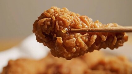 Close Up Delicious Crispy Golden Fried Chicken Leg with Dripping Sauce Holded by Chopsticks on Beige Background Promotional Food