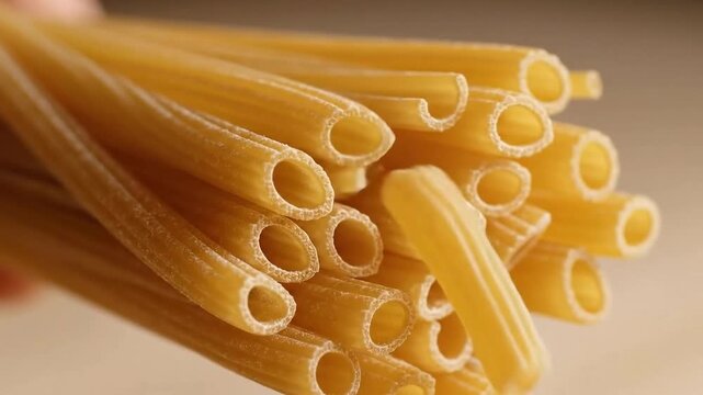 Close Up Handful Of Uncooked Golden Bucatini Pasta Strands Showing Hollow Centers And Rough Semolina Texture Isolated On Warm