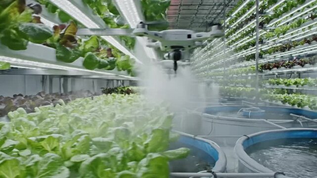 Modern hydroponic farm featuring rows of green growing plants