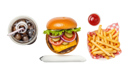 Flat lay composition of a fast food meal with burger fries and beverage isolated on white background
