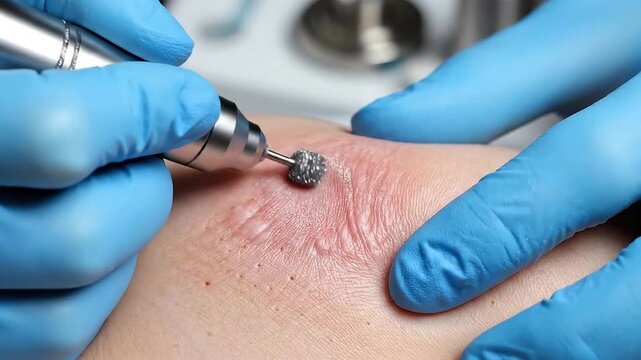 Close-Up Medical Treatment with Grinding Tool on Skin by Doctor in Blue Gloves. Health and Beauty Procedure. Skin Abrasive