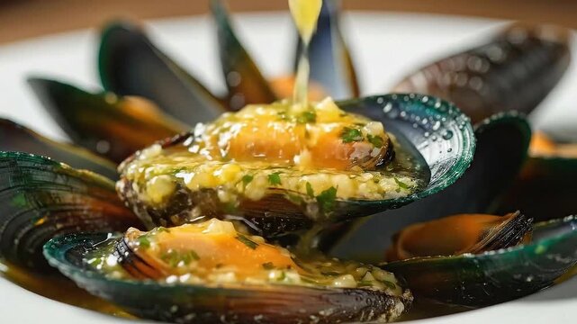 Close Up Mussels on a White Plate with Sauce Being Poured Over Fresh Mussels Shellfish Seafood Dish Delicious Fine Dining