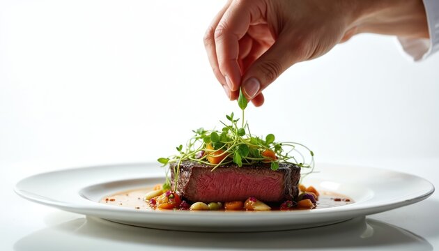 Chef plates juicy beef steak with microgreens and vegetables, completing meal presentation. Expertly cooked meat dish served on white plate, focusing on culinary skill and fine dining.