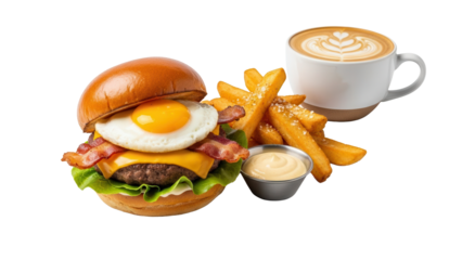 Breakfast burger set with fried egg bacon and a hot cup of latte isolated on white background