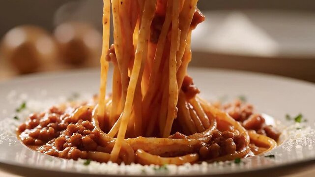 Close-Up of Bucatini Pasta with Beef Rag? Topped with Parsley Flakes Served on Ceramic Plate Italian Cuisine Aesthetic Still Life