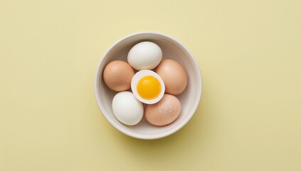 Minimalist top-down view of hard-boiled eggs in a bowl featuring one halved egg with a vibrant orange yolk in the center against a neutral background