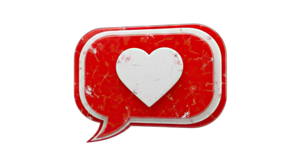 3D Red speech bubble with white heart and distressed texture on transparent background