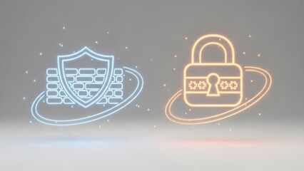Neon glowing digital padlock and firewall shield icon representing strong cybersecurity and data protection on a light grey background.