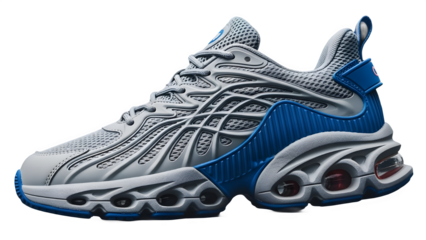 High-Performance Gray and Blue Running Shoe with Air Cushioning, Athletic Trainer PNG with Alpha Channel and Transparency