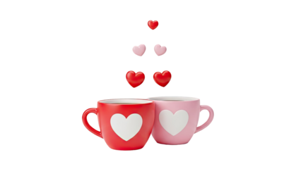 3D Two coffee cups with hearts and floating hearts on transparent background