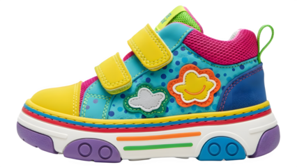 Fun Toddler Shoe with Cloud and Flower Patches, Bright Rainbow Colors for Kids Cut-out and Isolated Subject
