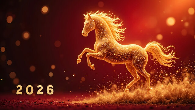 Majestic Glowing Gold Horse Rearing in Sparkles, New Year 2026 Dynamic Background