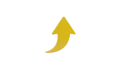 3D Yellow arrow pointing upwards with a curve on transparent background