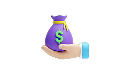 3D Hand holding a purple money bag with dollar sign on transparent background