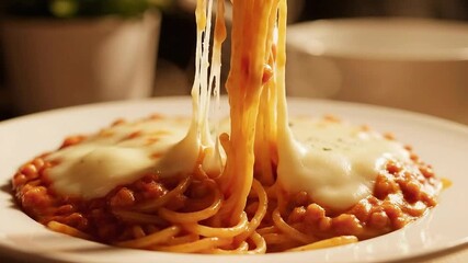 Close Up of Spaghetti with Red Sauce and Melted Cheese Served on a White Plate Using Forks under Warm Lighting Italian Cuisine