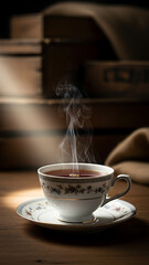 Obraz premium A steaming cup of tea sits on a saucer, bathed in warm light, with wooden crates in the background.