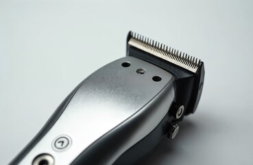Modern electric hair clipper with metal finish and adjustable blade settings. Professional grooming tool for barbershops or home use. Powerful, cordless device for precise haircuts.
